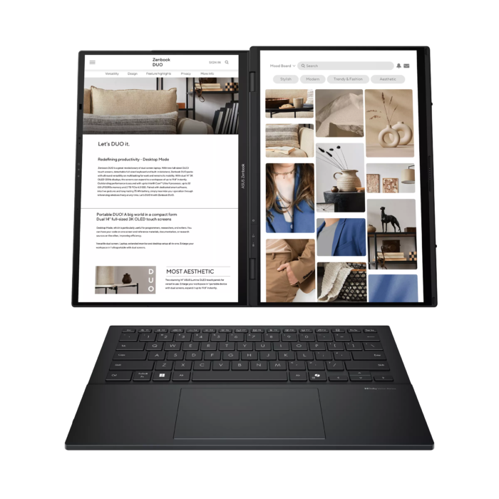 Asus Zenbook Duo UX8406CA-QL358X | Inkwell Gray | 14" | OLED | Сенсорный экран | FHD | 1920 x 1200 пикселей | 60 Hz | Глянцевый | Intel Core Ultra 7 | 255H | 16 ГБ | LPDDR5X | Объём SSD 1000 ГБ | Intel Arc Graphics | Windows 11 Pro | 802.11be | Bluetooth версии 5.4 | Раскладка клавиатуры US international | Подсветка клавиатуры | Гарантия 24 мес. | Гарантия на батарею 12 мес.